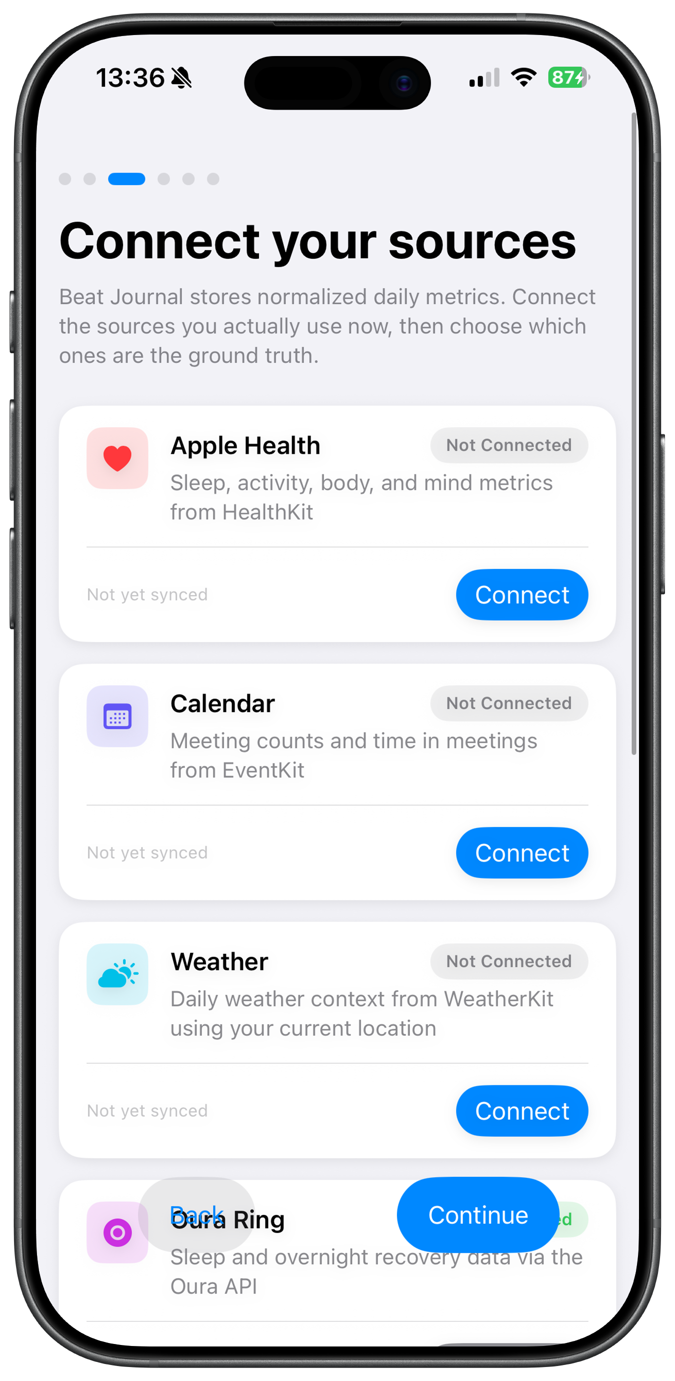The connect-your-sources onboarding screen showing Apple Health, Calendar, Weather, and Oura Ring options