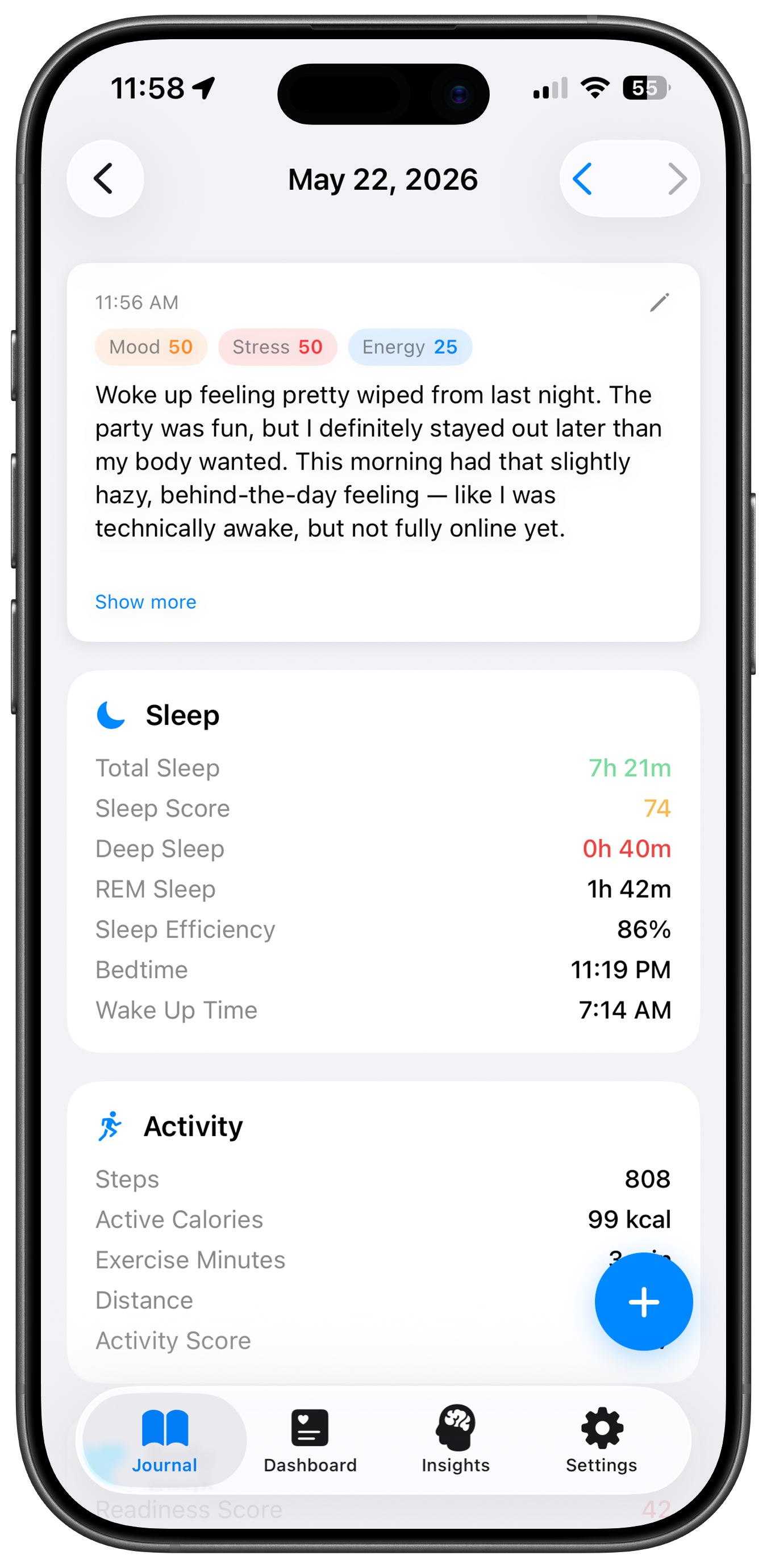 A journal entry from May 22, 2026 with sleep, activity, and reflection in one view