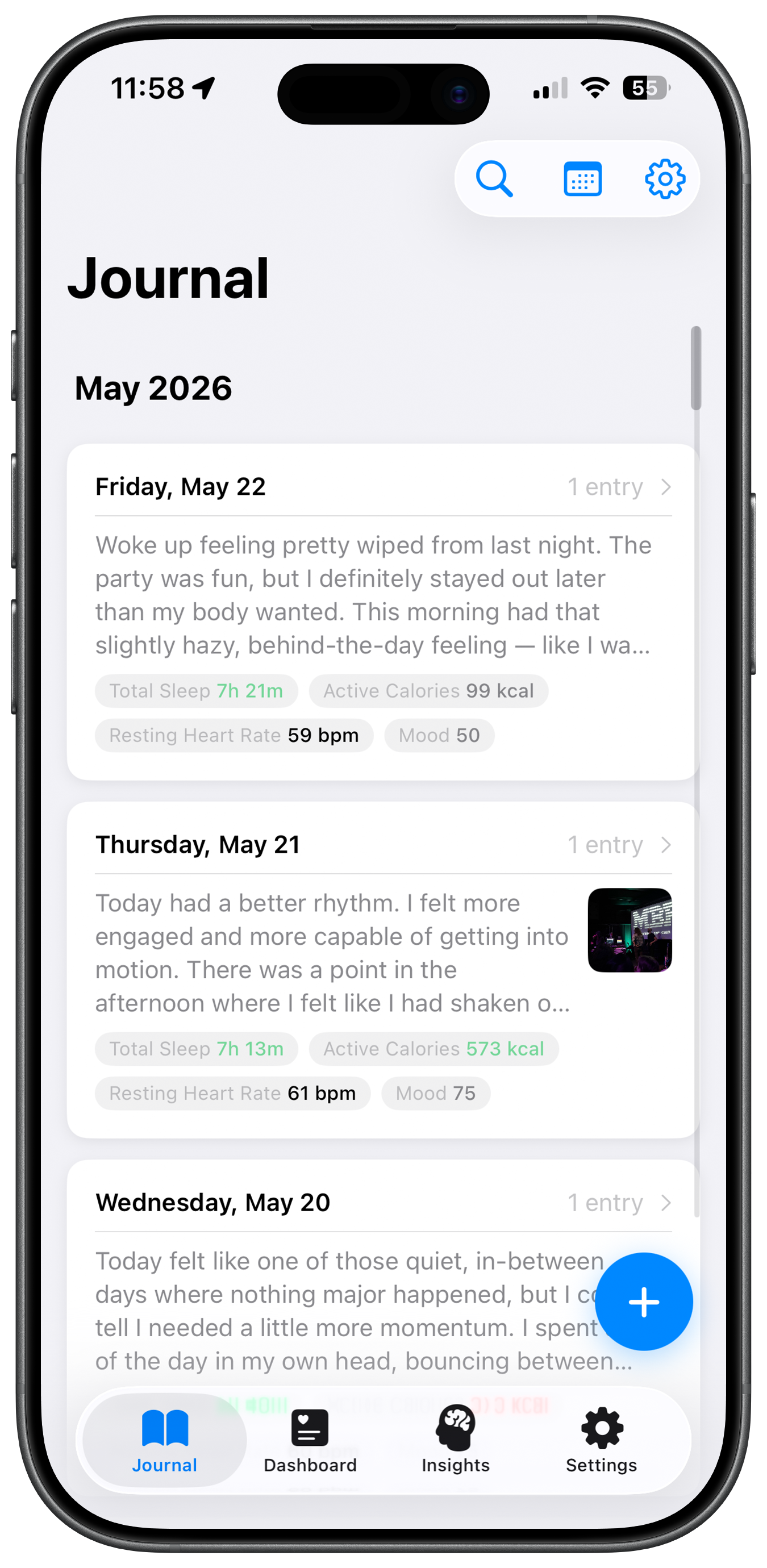 The Beat Journal entry timeline showing journal entries from May 2026 with sleep, activity, and heart rate chips below each entry