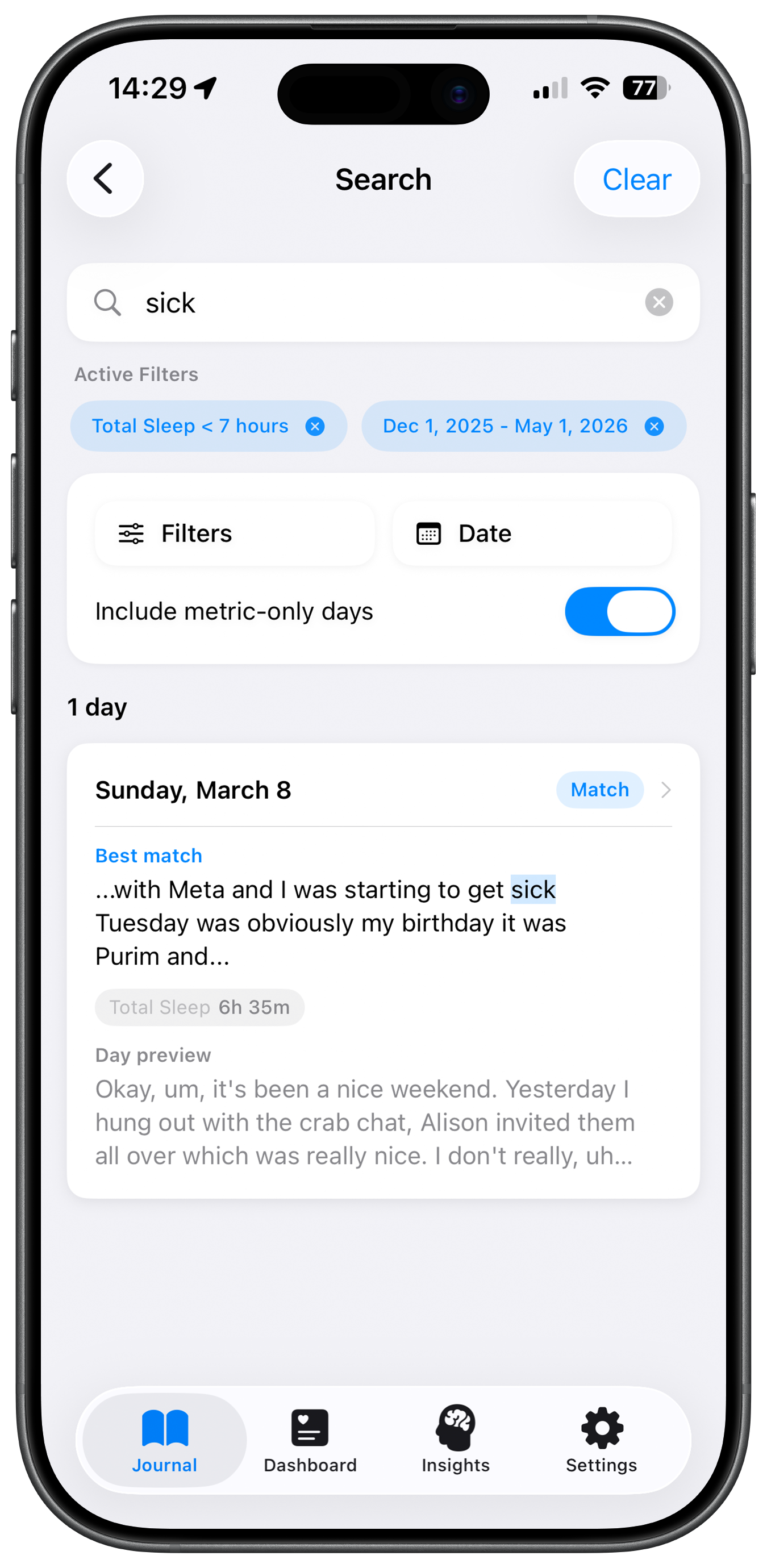 The search screen showing a search for 'sick' combined with a sleep filter and a matching journal entry