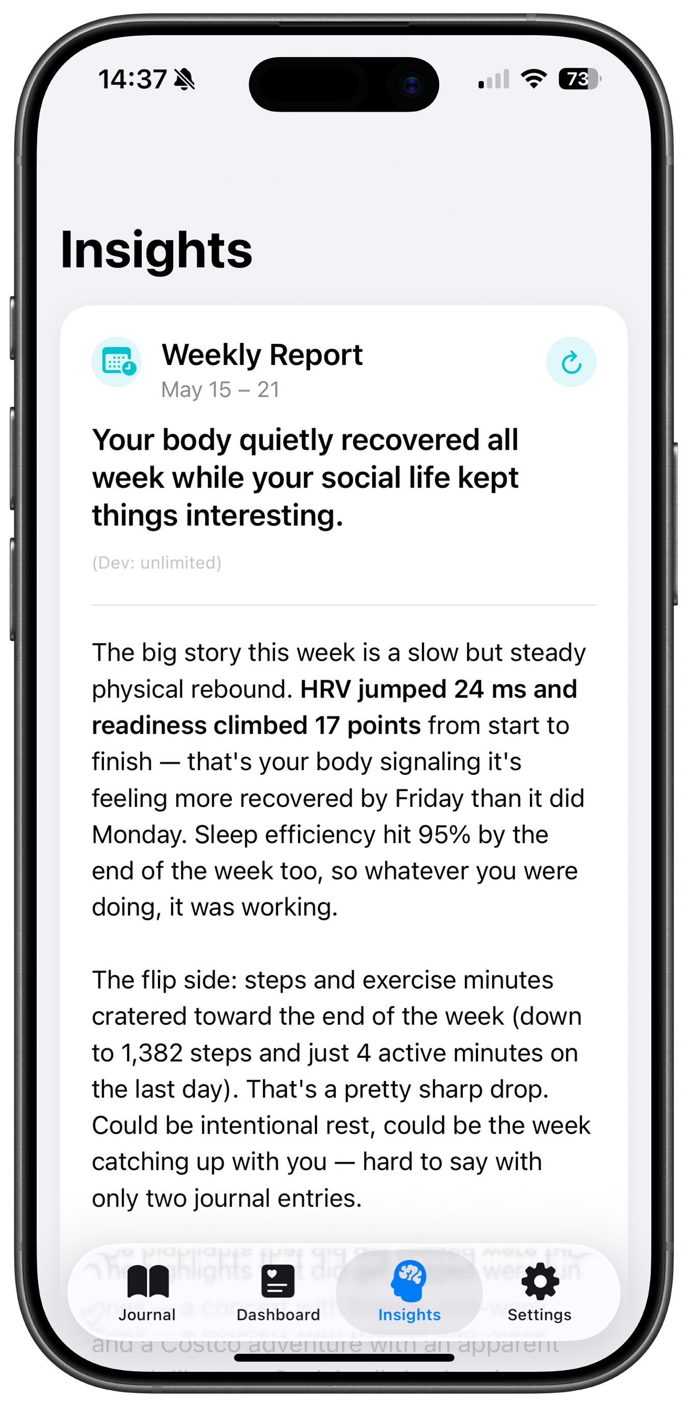 The weekly insights screen showing a written analysis of the user's week